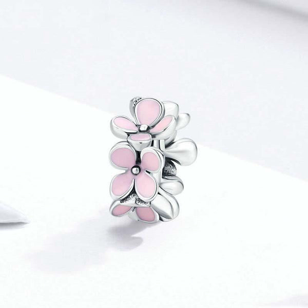 Pink Flowers Enamel Sterling Silver Bead Charm Bracelet Necklace
