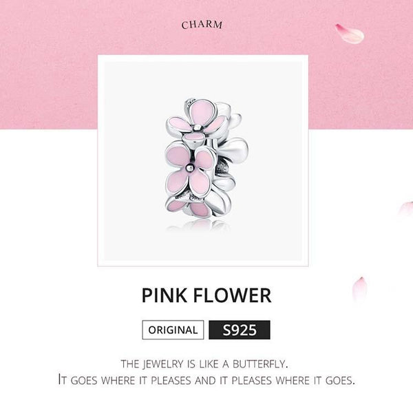 Pink Flowers Enamel Sterling Silver Bead Charm Bracelet Necklace