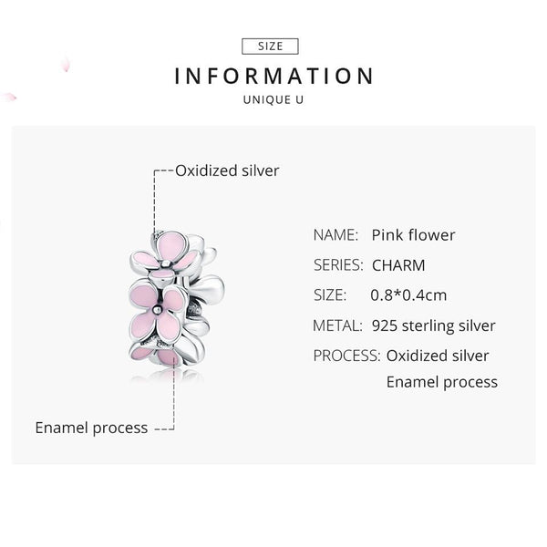 Pink Flowers Enamel Sterling Silver Bead Charm Bracelet Necklace