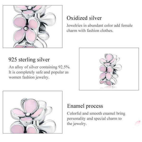 Pink Flowers Enamel Sterling Silver Bead Charm Bracelet Necklace
