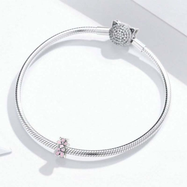 Pink Flowers Enamel Sterling Silver Bead Charm Bracelet Necklace