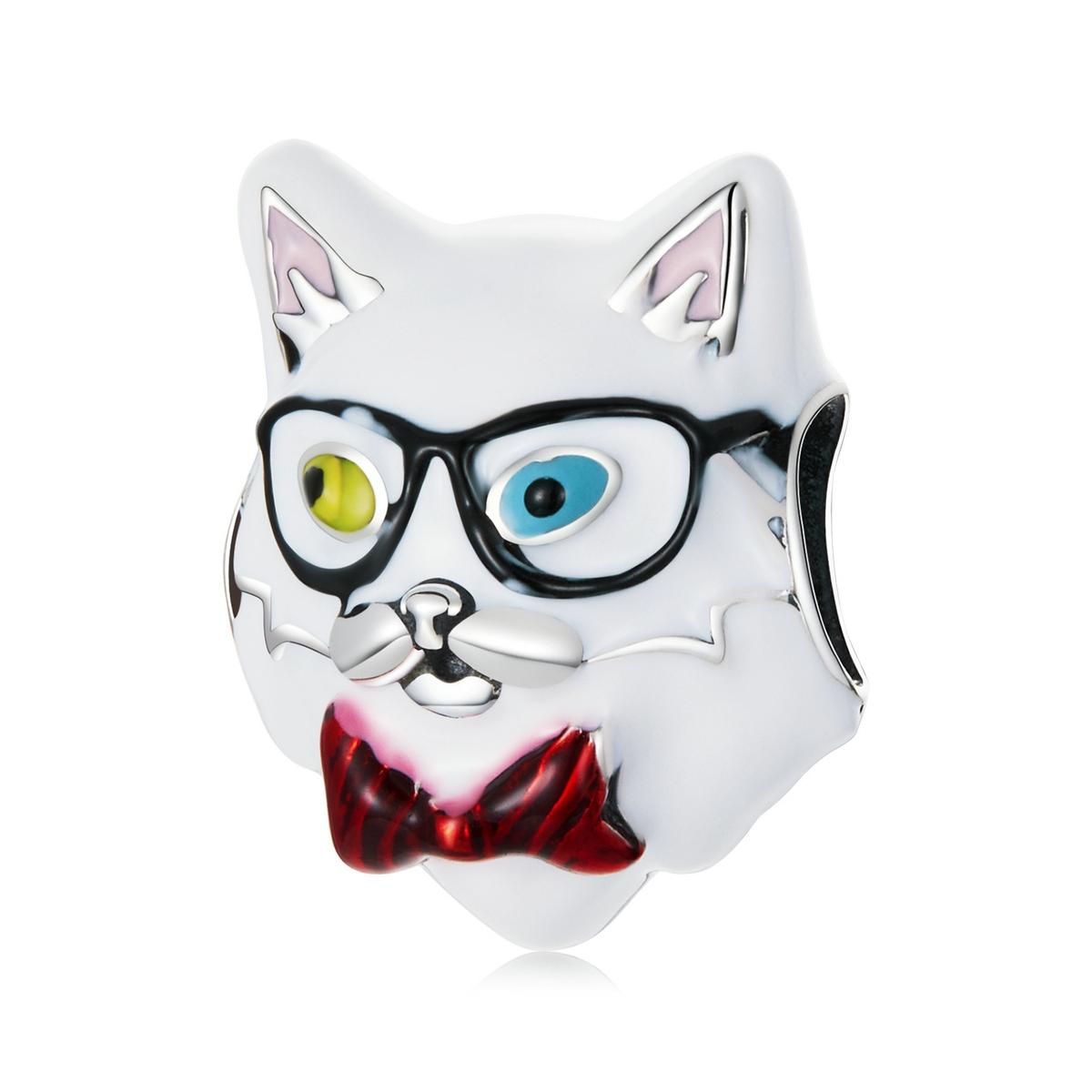Cat Glasses Enamel Sterling Silver Bead Charm Pendant Bracelet Necklace
