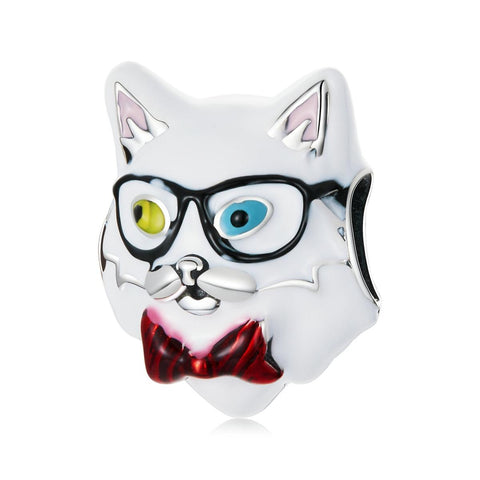 Cat Glasses Enamel Sterling Silver Bead Charm Pendant Bracelet Necklace