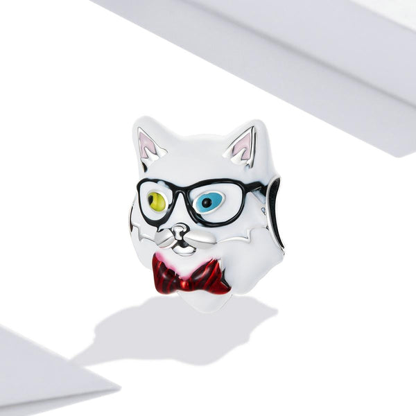 Cat Glasses Enamel Sterling Silver Bead Charm Pendant Bracelet Necklace