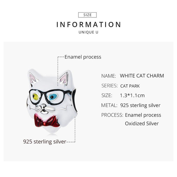 Cat Glasses Enamel Sterling Silver Bead Charm Pendant Bracelet Necklace