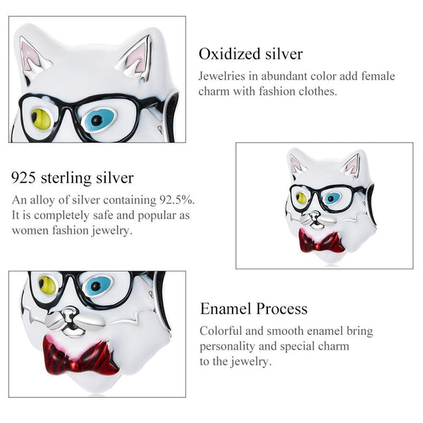 Cat Glasses Enamel Sterling Silver Bead Charm Pendant Bracelet Necklace