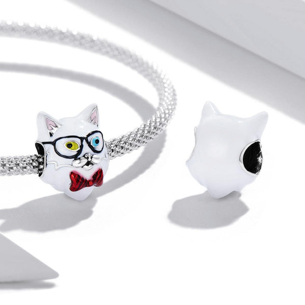 Cat Glasses Enamel Sterling Silver Bead Charm Pendant Bracelet Necklace