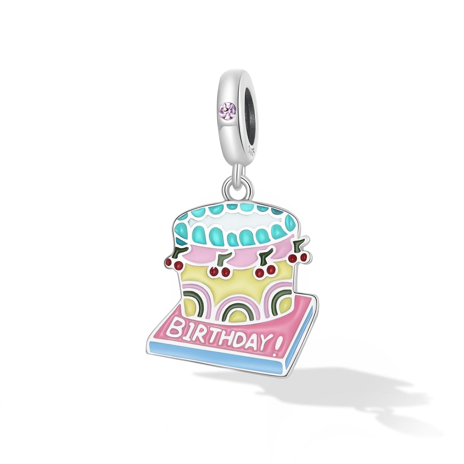 Birthday Cake Enamel Sterling Silver Zircon CZ Bead Charm Bracelet Necklace