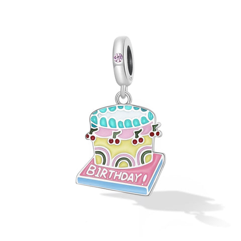 Birthday Cake Enamel Sterling Silver Zircon CZ Bead Charm Bracelet Necklace