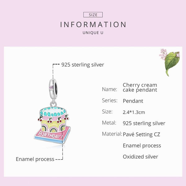 Birthday Cake Enamel Sterling Silver Zircon CZ Bead Charm Bracelet Necklace