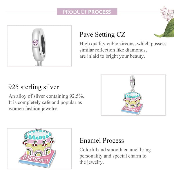 Birthday Cake Enamel Sterling Silver Zircon CZ Bead Charm Bracelet Necklace
