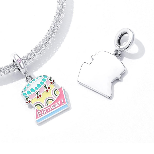 Birthday Cake Enamel Sterling Silver Zircon CZ Bead Charm Bracelet Necklace