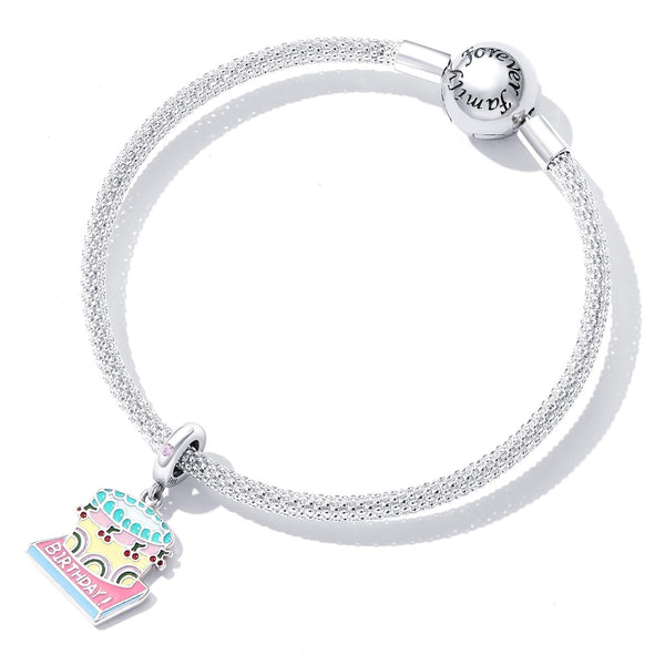 Birthday Cake Enamel Sterling Silver Zircon CZ Bead Charm Bracelet Necklace