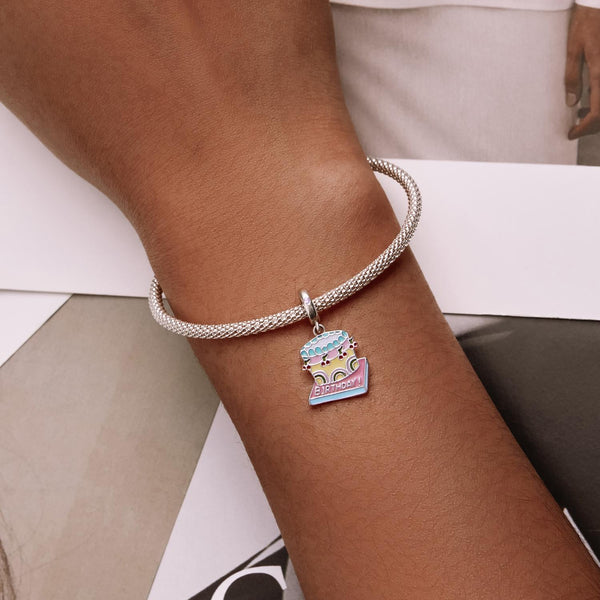 Birthday Cake Enamel Sterling Silver Zircon CZ Bead Charm Bracelet Necklace