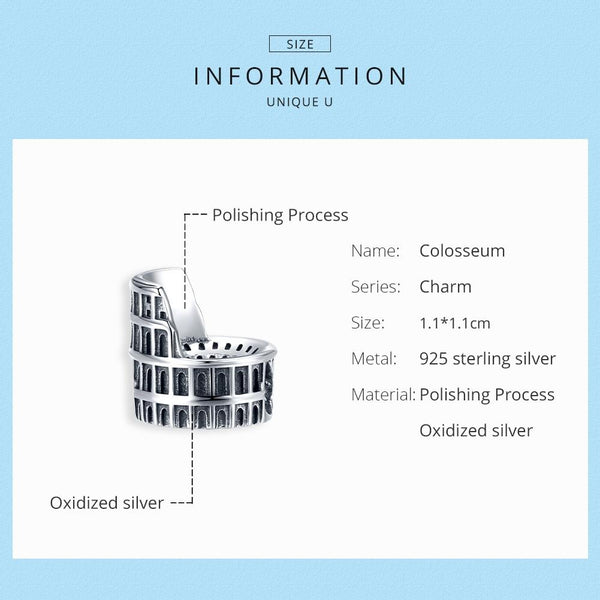 Rome Colosseum Sterling Silver Bead Charm Pendant Bracelet Necklace