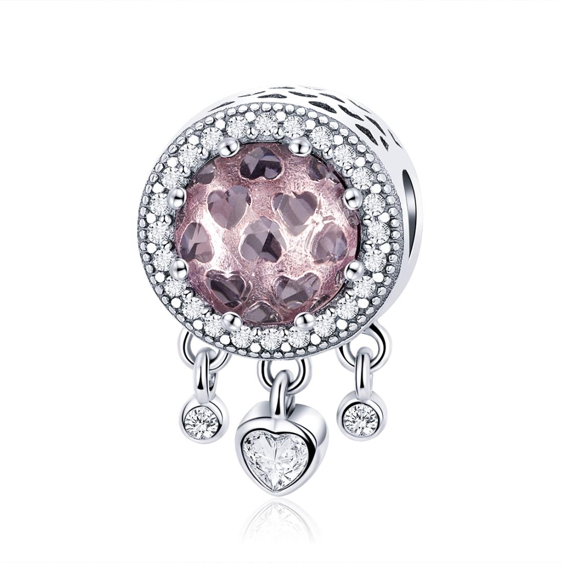 Pink Clear Hearts Glass Sterling Silver Ziron CZ Bead Charm Bracelet Necklace