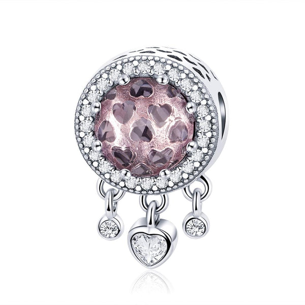 Pink Clear Hearts Glass Sterling Silver Ziron CZ Bead Charm Bracelet Necklace