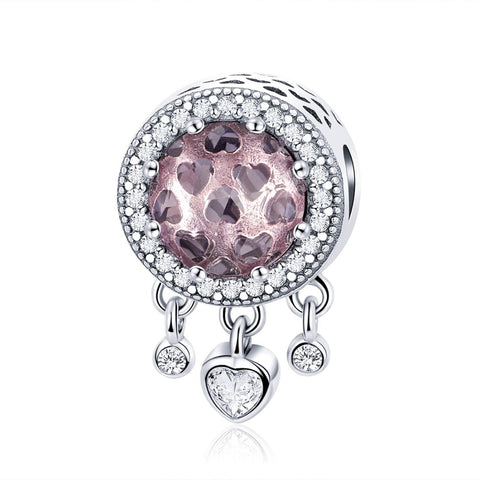 Pink Clear Hearts Glass Sterling Silver Ziron CZ Bead Charm Bracelet Necklace