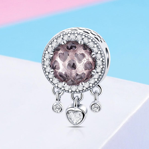 Pink Clear Hearts Glass Sterling Silver Ziron CZ Bead Charm Bracelet Necklace