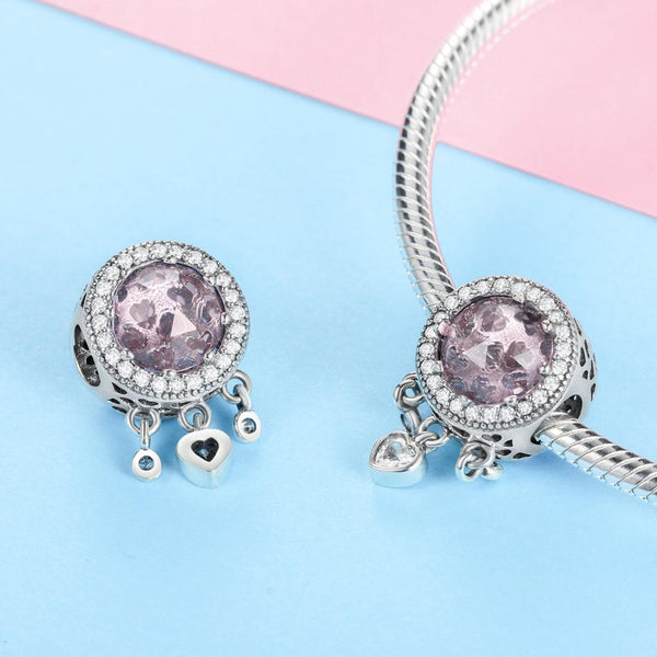 Pink Clear Hearts Glass Sterling Silver Ziron CZ Bead Charm Bracelet Necklace
