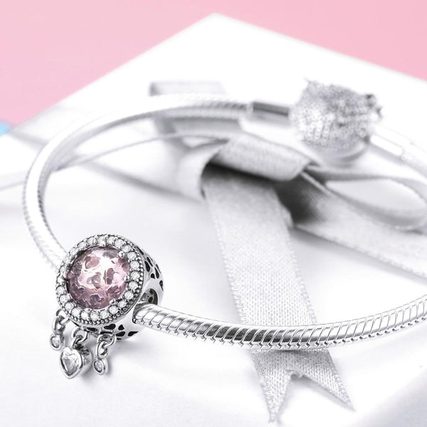 Pink Clear Hearts Glass Sterling Silver Ziron CZ Bead Charm Bracelet Necklace