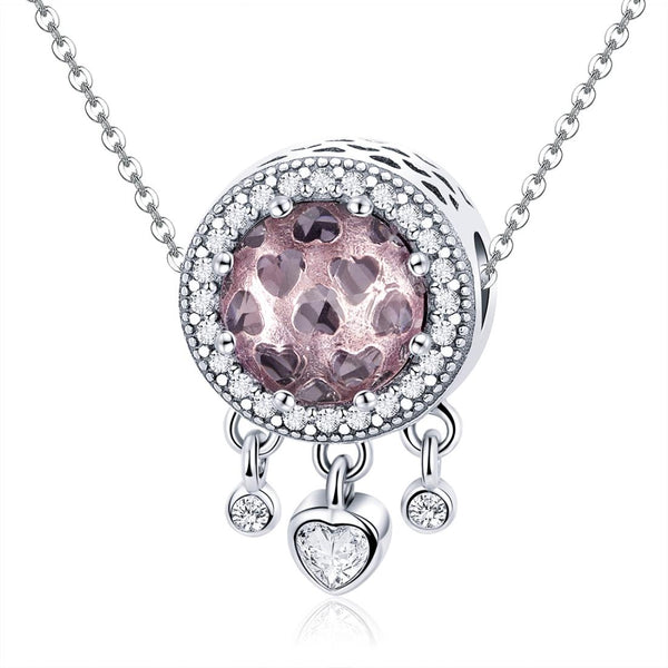Pink Clear Hearts Glass Sterling Silver Ziron CZ Bead Charm Bracelet Necklace