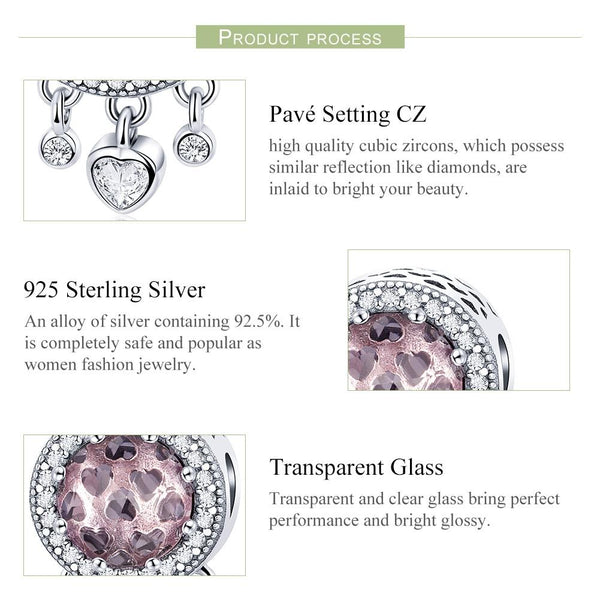 Pink Clear Hearts Glass Sterling Silver Ziron CZ Bead Charm Bracelet Necklace