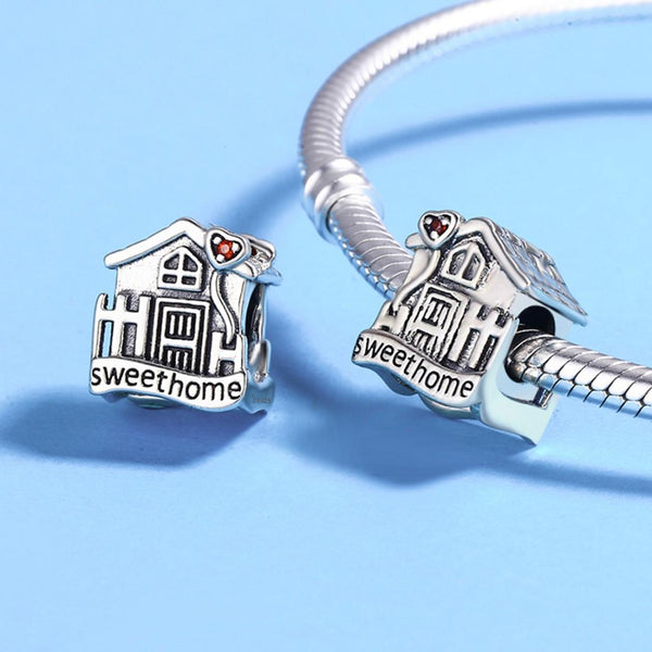 Home Sweet Home Sterling Silver Zircon CZ Bead Charm Pendant Bracelet Necklace