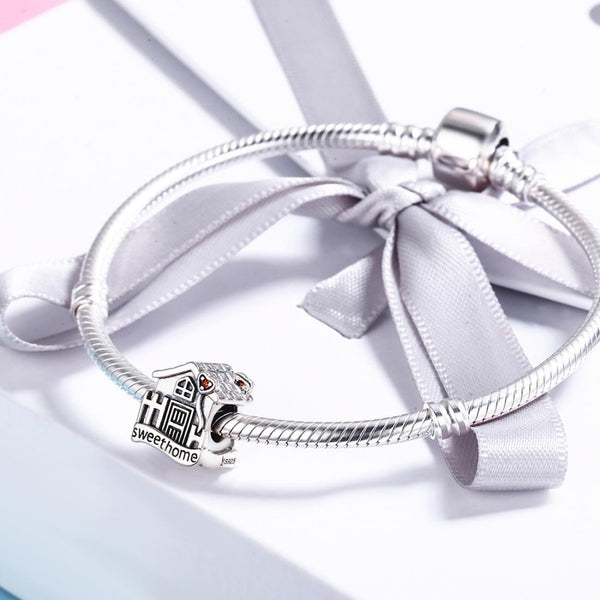 Home Sweet Home Sterling Silver Zircon CZ Bead Charm Pendant Bracelet Necklace