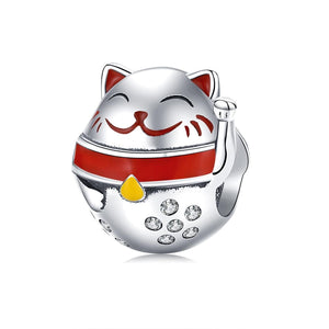 Lucky Fortune Cat Enamel Sterling Silver Zircon CZ Bead Charm Bracelet Necklace