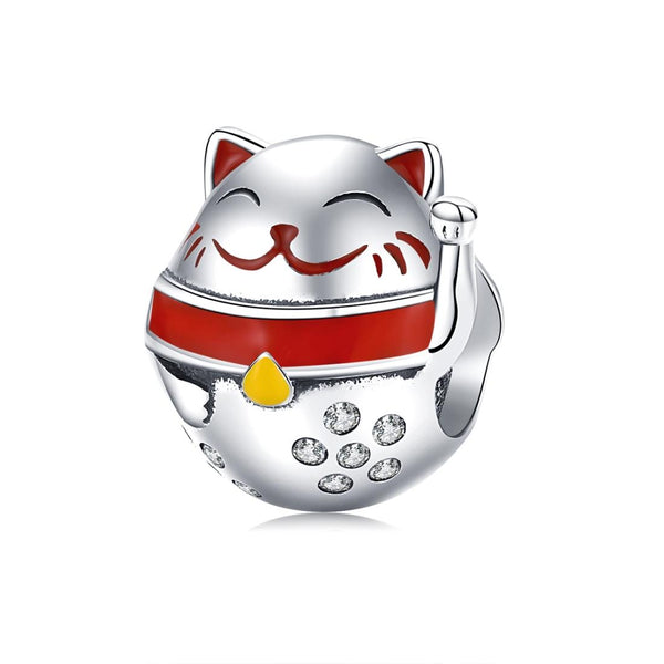 Lucky Fortune Cat Enamel Sterling Silver Zircon CZ Bead Charm Bracelet Necklace