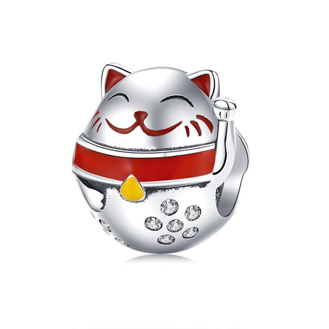 Lucky Fortune Cat Enamel Sterling Silver Zircon CZ Bead Charm Bracelet Necklace