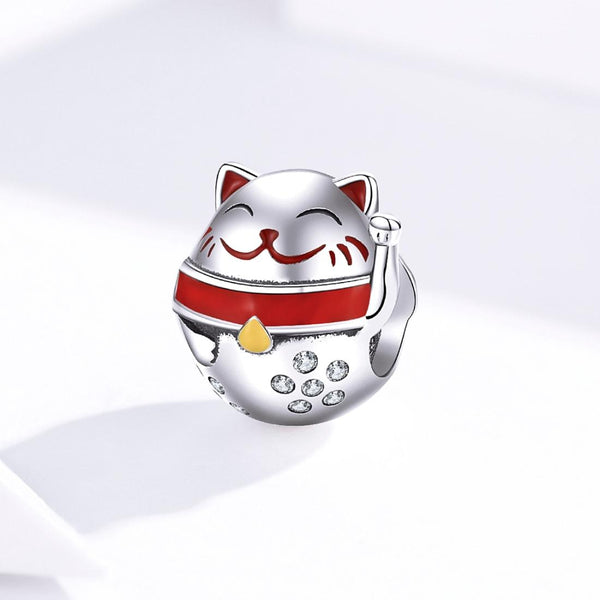 Lucky Fortune Cat Enamel Sterling Silver Zircon CZ Bead Charm Bracelet Necklace