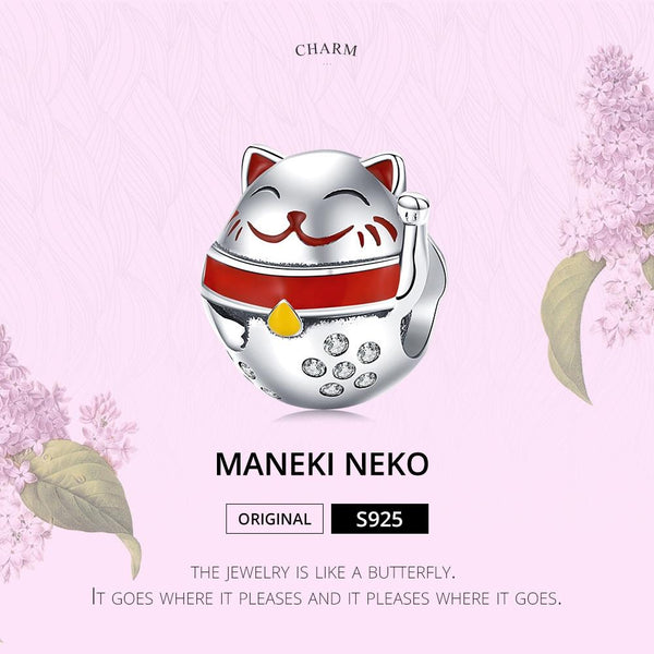 Lucky Fortune Cat Enamel Sterling Silver Zircon CZ Bead Charm Bracelet Necklace