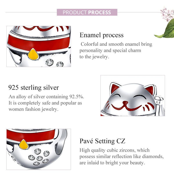 Lucky Fortune Cat Enamel Sterling Silver Zircon CZ Bead Charm Bracelet Necklace