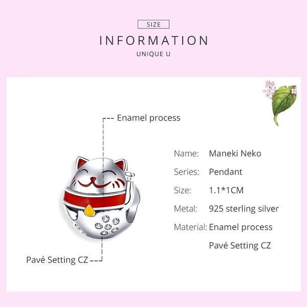 Lucky Fortune Cat Enamel Sterling Silver Zircon CZ Bead Charm Bracelet Necklace