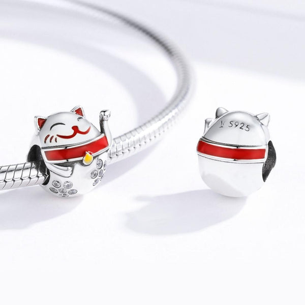Lucky Fortune Cat Enamel Sterling Silver Zircon CZ Bead Charm Bracelet Necklace