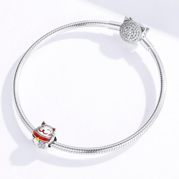 Lucky Fortune Cat Enamel Sterling Silver Zircon CZ Bead Charm Bracelet Necklace