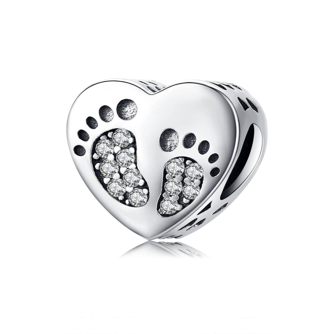 Baby Footprints Heart Sterling Silver Zircon CZ Bead Charm Bracelet Necklace