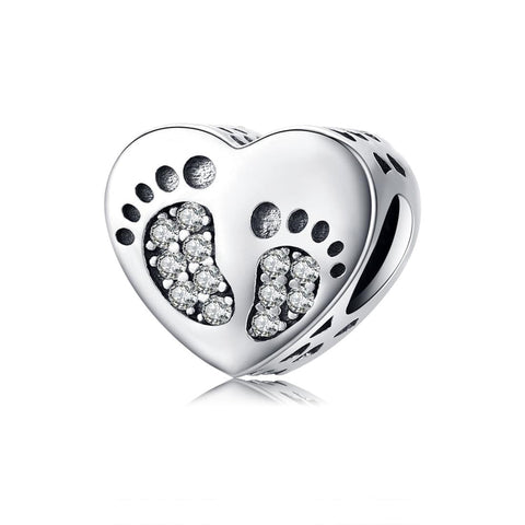 Baby Footprints Heart Sterling Silver Zircon CZ Bead Charm Bracelet Necklace