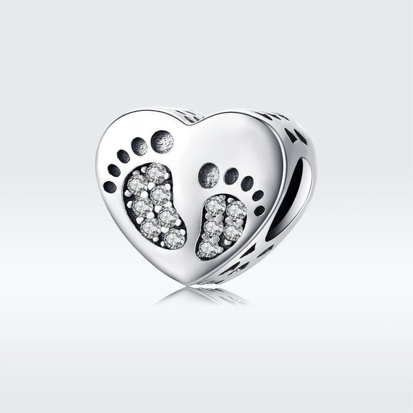 Baby Footprints Heart Sterling Silver Zircon CZ Bead Charm Bracelet Necklace