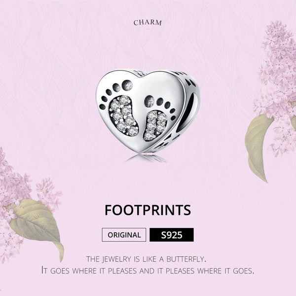 Baby Footprints Heart Sterling Silver Zircon CZ Bead Charm Bracelet Necklace
