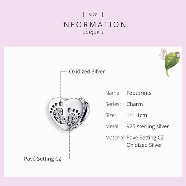 Baby Footprints Heart Sterling Silver Zircon CZ Bead Charm Bracelet Necklace