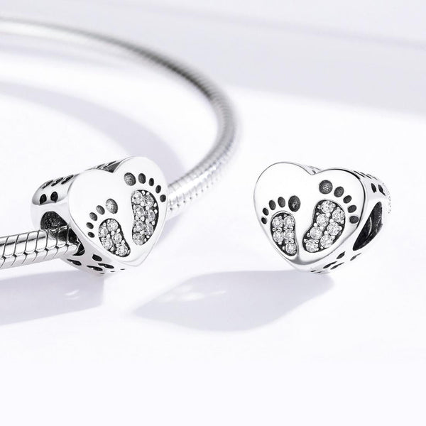 Baby Footprints Heart Sterling Silver Zircon CZ Bead Charm Bracelet Necklace