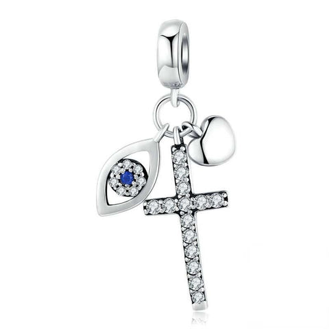 Guardian Cross Eye Heart Silver Zircon CZ Bead Charm Bracelet Necklace