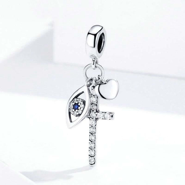 Guardian Cross Eye Heart Silver Zircon CZ Bead Charm Bracelet Necklace