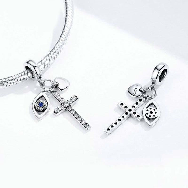 Guardian Cross Eye Heart Silver Zircon CZ Bead Charm Bracelet Necklace