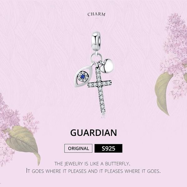 Guardian Cross Eye Heart Silver Zircon CZ Bead Charm Bracelet Necklace
