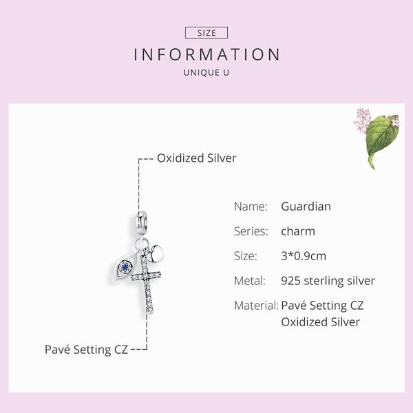 Guardian Cross Eye Heart Silver Zircon CZ Bead Charm Bracelet Necklace