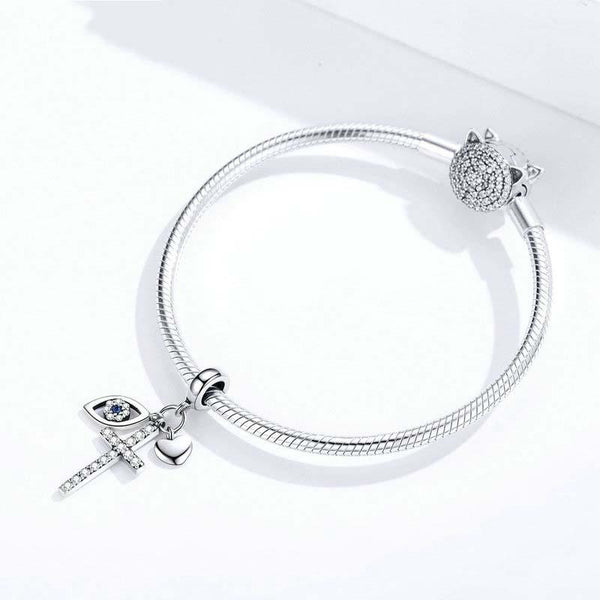 Guardian Cross Eye Heart Silver Zircon CZ Bead Charm Bracelet Necklace